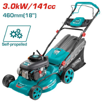 Self-propelled turquoise lawn mower with 18-inch (460 mm) cutting deck, 141cc engine rated at 3.0 kW.