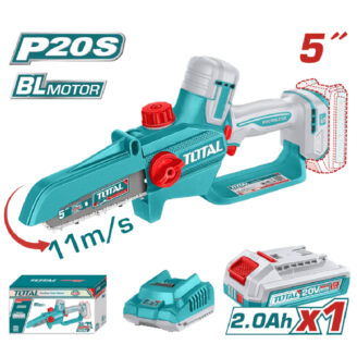 Turquoise cordless toy chainsaw with 5-inch blade, battery and charger, shown with its box