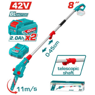 Cordless 42V garden trimmer with dual 2.0Ah batteries, telescopic shaft, and 8-inch head (includes charger).