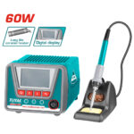 60W soldering station with digital display and turquoise housing, iron in stand, showing long-life ceramic heater labels
