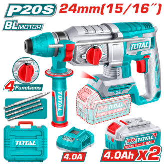 Toy drill kit with turquoise and gray plastic, battery pack, bits, and carry case.
