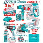 Collage of a Total 3-in-1 power tool kit showing a drill, grinder, battery packs, case and accessories with labels like 26mm, 4.0Ah, 1200W