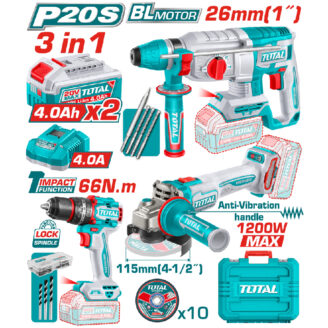 Collage of a Total 3-in-1 power tool kit showing a drill, grinder, battery packs, case and accessories with labels like 26mm, 4.0Ah, 1200W