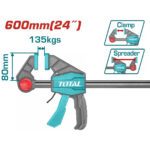 Clamp-style fastening tool with teal-blue body showing 600mm (24") reach and 80mm opening; labeled 135kg capacity, Total brand; includes inset diagrams for Clamp and Spreader functions.