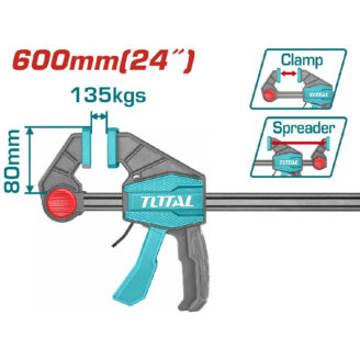 Clamp-style fastening tool with teal-blue body showing 600mm (24") reach and 80mm opening; labeled 135kg capacity, Total brand; includes inset diagrams for Clamp and Spreader functions.