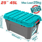 Teal‑lid plastic tool box with grey base, ribbed lid and red carry handle; marked 625mm long, 315mm high, 380mm deep (25" x 12" x 15" approx).