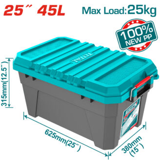 Teal‑lid plastic tool box with grey base, ribbed lid and red carry handle; marked 625mm long, 315mm high, 380mm deep (25" x 12" x 15" approx).