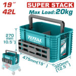 Stackable teal toolbox tote with a front metal rack, handle, and wheels; dimensions 475mm×320mm×270mm (19"×12.5"×10.5"), max load 20 kg; TOTAL Super Stack branding.