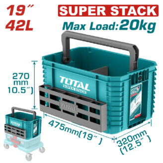 Stackable teal toolbox tote with a front metal rack, handle, and wheels; dimensions 475mm×320mm×270mm (19"×12.5"×10.5"), max load 20 kg; TOTAL Super Stack branding.