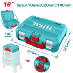Turquoise toolbox with red handle and latches; shows dimensions 410mm × 320mm × 148mm (16 in).