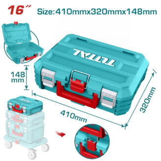 Turquoise toolbox with red handle and latches; shows dimensions 410mm × 320mm × 148mm (16 in).