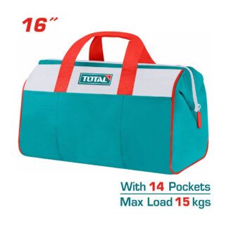 Teal duffel bag with red handles; 16" size shown, 14 pockets, max load 15 kg.