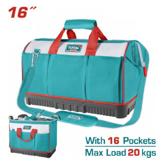Turquoise tool bag with red handles and 16 pockets, max load 20 kg; branded Total Super. Contains a detachable shoulder strap and side zipper."