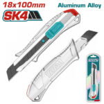Retractable utility knife with aluminum alloy handle and teal sliding switch, blade extended for use, SK4 branding visible.