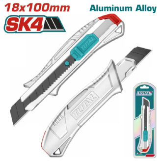Retractable utility knife with aluminum alloy handle and teal sliding switch, blade extended for use, SK4 branding visible.