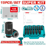 15-piece Cr-Mo socket set with turquoise case; includes 1/2 and 1/4 drive sockets (10–27 mm) and ratchet for cordless tools