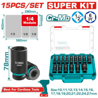 15-piece Cr-Mo socket set with turquoise case; includes 1/2 and 1/4 drive sockets (10–27 mm) and ratchet for cordless tools