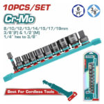 Ten-piece Cr-Mo socket set on a teal rack, with packaging and a 'Best For Cordless Tools' banner in the corner.