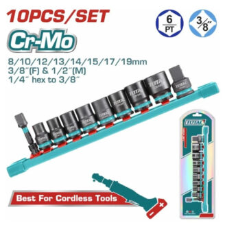 Ten-piece Cr-Mo socket set on a teal rack, with packaging and a 'Best For Cordless Tools' banner in the corner.
