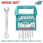 Six-piece Total wrench set in a teal case, sizes 8–17 mm; open-end wrench shown beside the case.