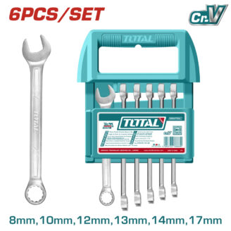 Six-piece Total wrench set in a teal case, sizes 8–17 mm; open-end wrench shown beside the case.
