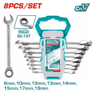 Eight-piece metric wrench set in a turquoise carrying case, with multiple silver combination wrenches displayed