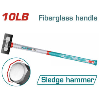 10 lb sledge hammer with a teal fiberglass handle and metal head, shown with a close-up of the striking head and Total branding.