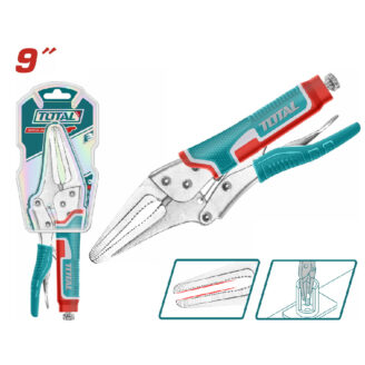 9-inch Total multi-tool with turquoise grips, pliers and blade tips shown beside packaging