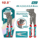 Packaging for Total crimping tool with aluminum body, 10.5" length and interchangeable jaws. Includes two bolts and red/teal handles.