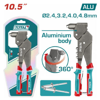 Packaging for Total crimping tool with aluminum body, 10.5" length and interchangeable jaws. Includes two bolts and red/teal handles.