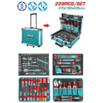 Teal 228-piece tool set in an open case with organized sockets, wrenches, and screwdrivers
