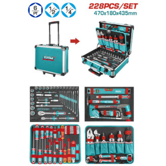 Teal 228-piece tool set in an open case with organized sockets, wrenches, and screwdrivers