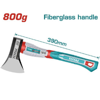 A splitting axe with a teal fiberglass handle, labeled 800 g, measuring 390 mm in length (to be used with a fiberglass-handle axe).
