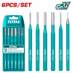 Six-piece turquoise Total pin punch set with a case and seven punches laid out (punches shown in a row)