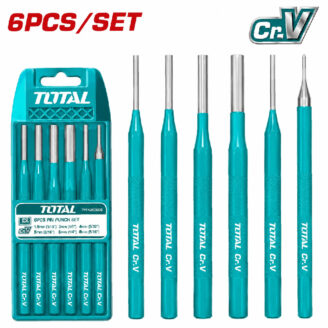 Six-piece turquoise Total pin punch set with a case and seven punches laid out (punches shown in a row)