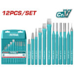 Turquoise 12-piece tool set with assorted precision chisels and sculpting tips in a teal case labeled TOTAL TLTOTAL/CnV logo in corner.