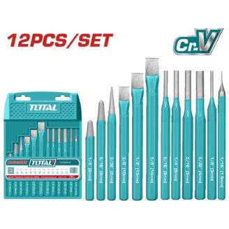 Turquoise 12-piece tool set with assorted precision chisels and sculpting tips in a teal case labeled TOTAL TLTOTAL/CnV logo in corner.