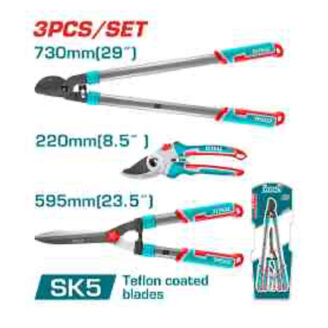 Three-piece garden tool set with turquoise handles and red accents, featuring long shears, pruning scissors, and compact shears (SK5 Telon-coated blades).