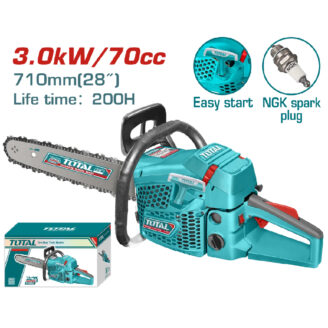 Totally chainsaw teal with 3.0KW/70cc, 710mm bar, and life 200H; shows product and box with Easy Start and NGK spark plug icons.