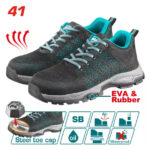 Pair of black teal safety shoes with steel toe cap and EVA rubber sole; features icons show oil resistance and water resistance.
