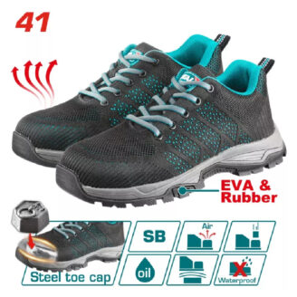 Pair of black teal safety shoes with steel toe cap and EVA rubber sole; features icons show oil resistance and water resistance.