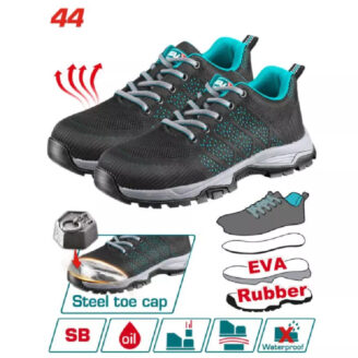 Black safety shoe with teal lining and rugged sole, highlighting steel toe cap and EVA midsole with oil resistance and waterproof features icons.