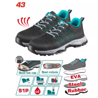 Black/gray work shoes with teal lining, safety features labeled: steel toe cap, steel midsole, oil resistance, water resistance, EVA/steel outsole; size 43 noted.