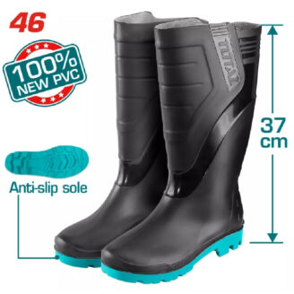 Black knee-high rain boots with teal outsole and tread, 37 cm tall; size 46; 100% new PVC badge.