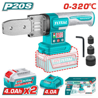 Total 20V cordless drill/driver with a 4.0Ah battery, spare batteries, charger, and accessories shown in a kit.