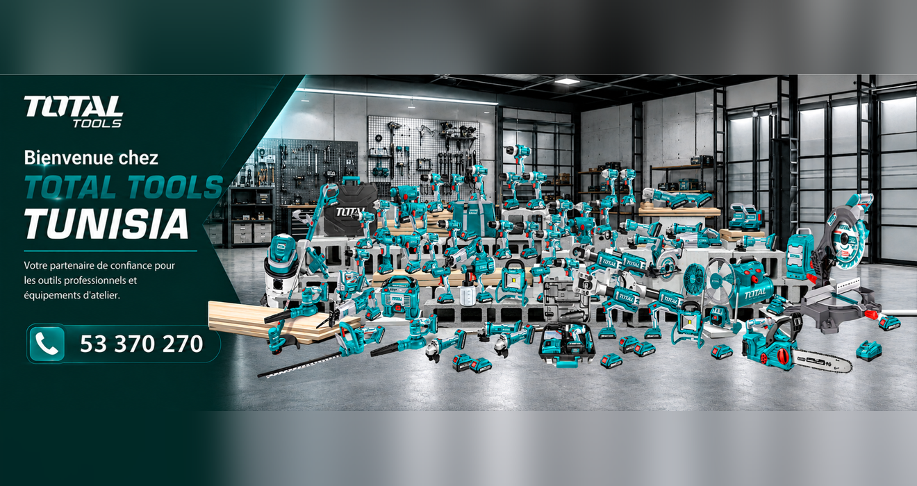 1_banner_1320x700 Bannière TOTAL TOOLS Tunisie montrant une grande sélection d’outils turquoise dans un atelier, avec le texte 'Bienvenue chez TOTAL TOOLS TUNISIA' et le numéro 53 370 270