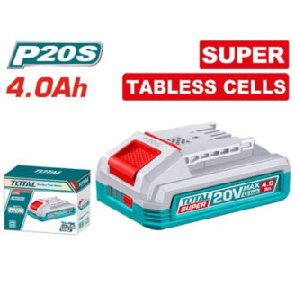 20V MAX 4.0Ah Li‑ion battery pack with its packaging box and a red latch on top, teal accents.