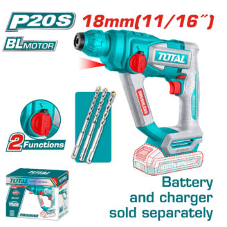 teal TOTAL drill with turquoise body and red accents, 18mm chuck, shown with drill bits and battery; text: '2 Functions' and 'Battery and charger sold separately'