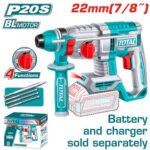Turquoise and silver children's toy drill set with bits, battery pack, and packaging; text indicates 'Battery and charger sold separately'