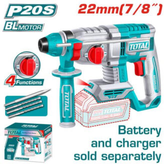 Turquoise and silver children's toy drill set with bits, battery pack, and packaging; text indicates 'Battery and charger sold separately'